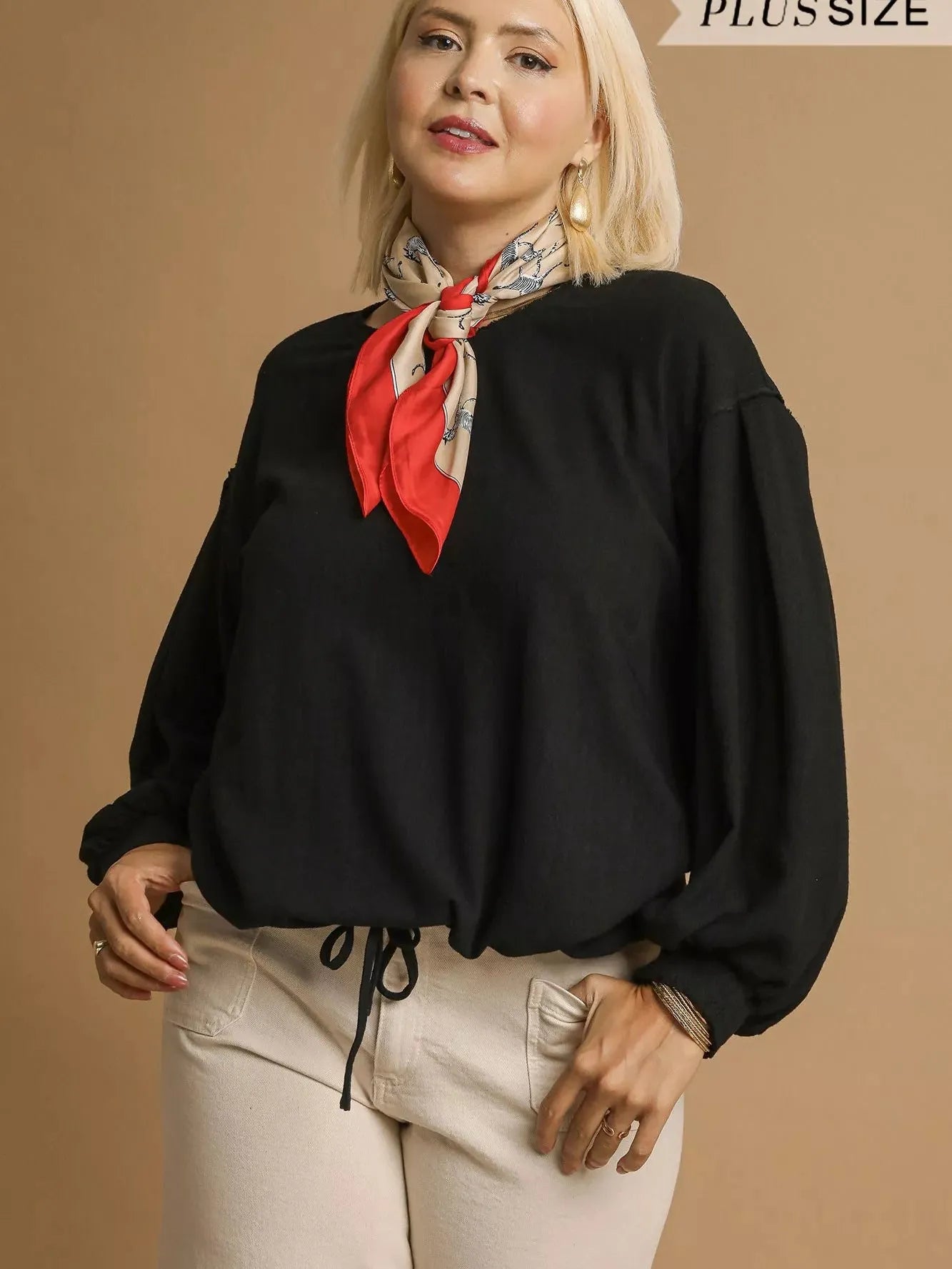 Umgee Drawn Noir Long Sleeve Linen Top with Drawstring-Women's Shirts & Tops-Shop Z & Joxa