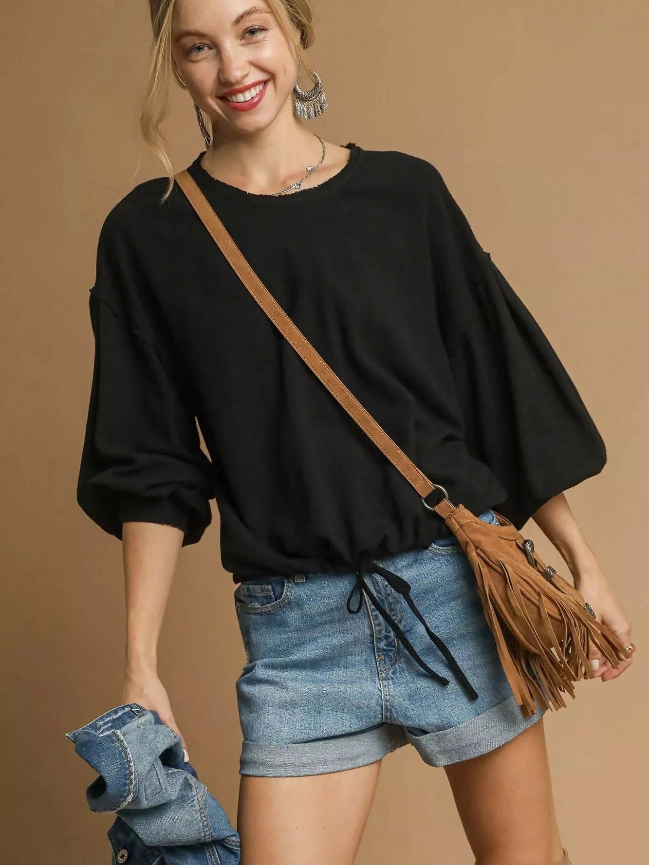 Umgee Drawn Noir Long Sleeve Linen Top with Drawstring-Women's Shirts & Tops-Shop Z & Joxa