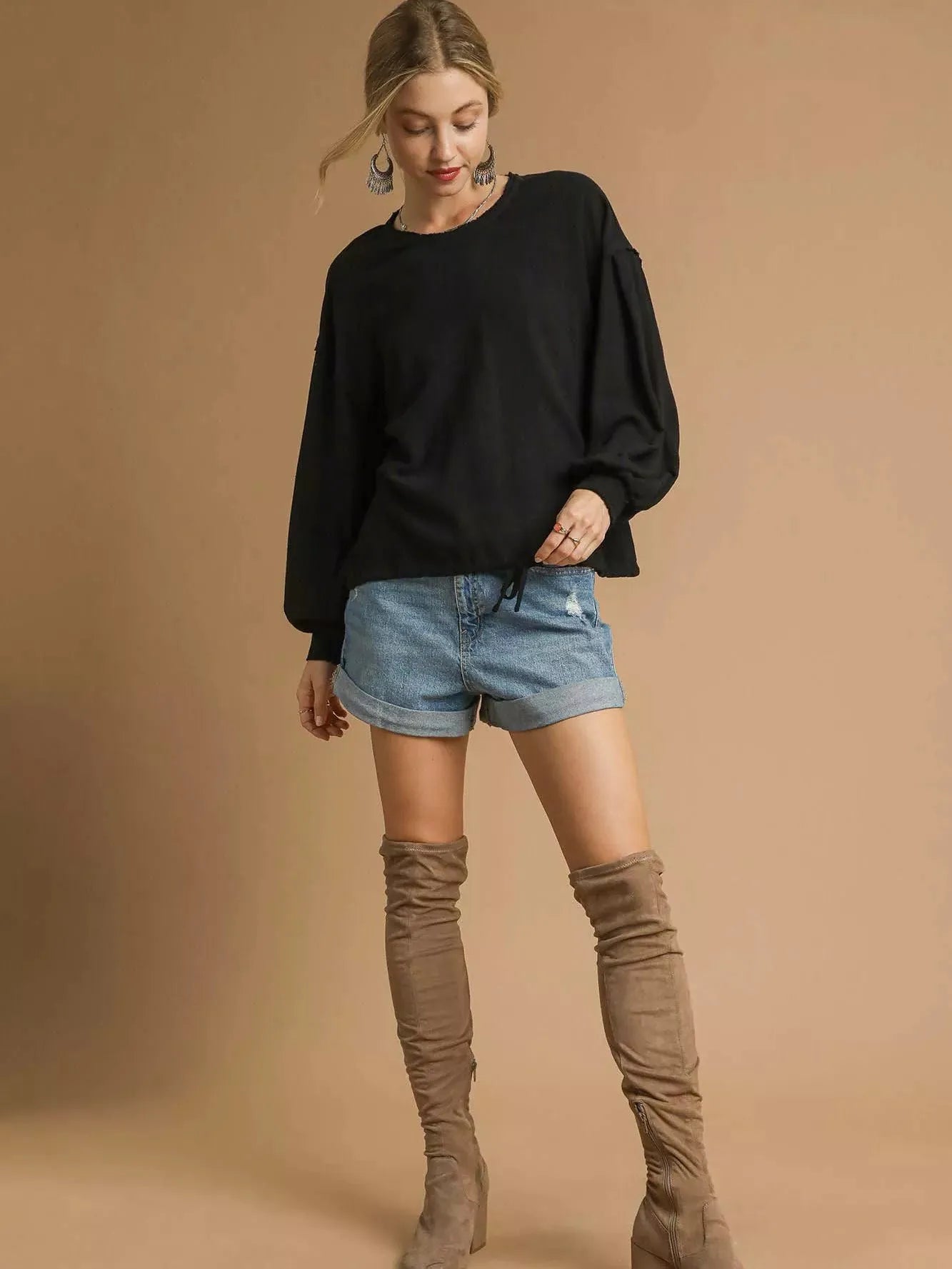 Umgee Drawn Noir Long Sleeve Linen Top with Drawstring-Women's Shirts & Tops-Shop Z & Joxa