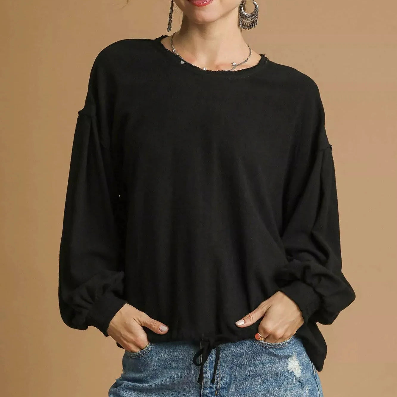 Umgee Drawn Noir Long Sleeve Linen Top with Drawstring-Women's Shirts & Tops-Shop Z & Joxa