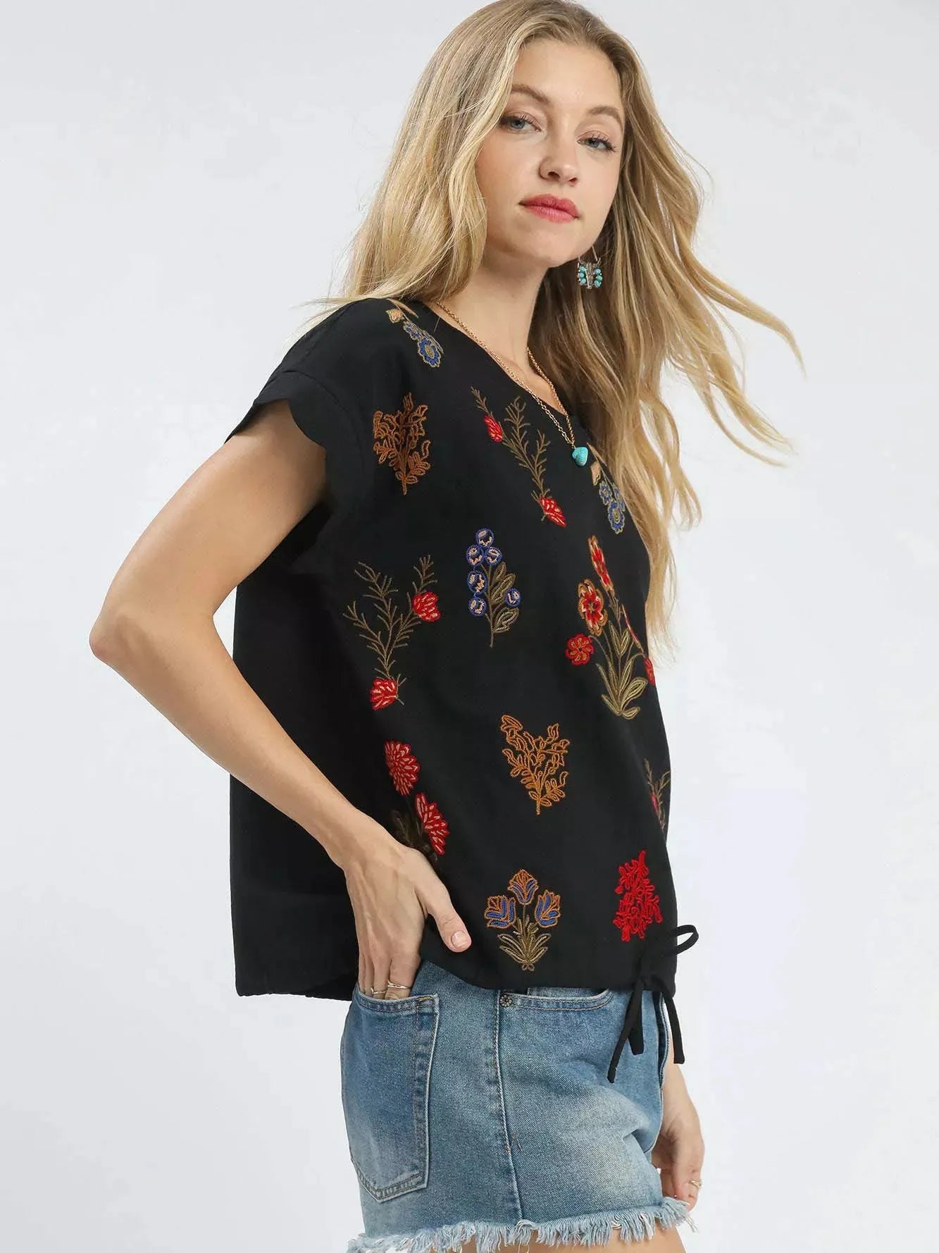 Umgee Embroidered Ease Scalloped Short Sleeve Top-Shop Z & Joxa