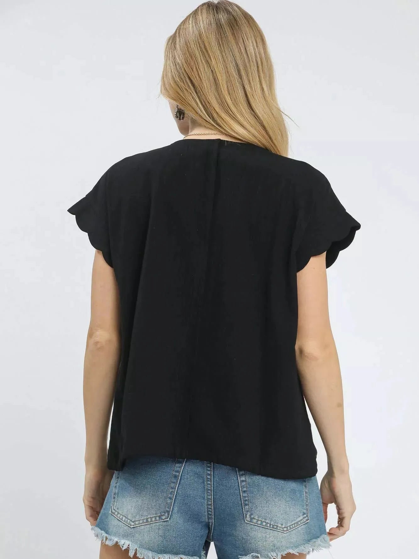 Umgee Embroidered Ease Scalloped Short Sleeve Top-Shop Z & Joxa