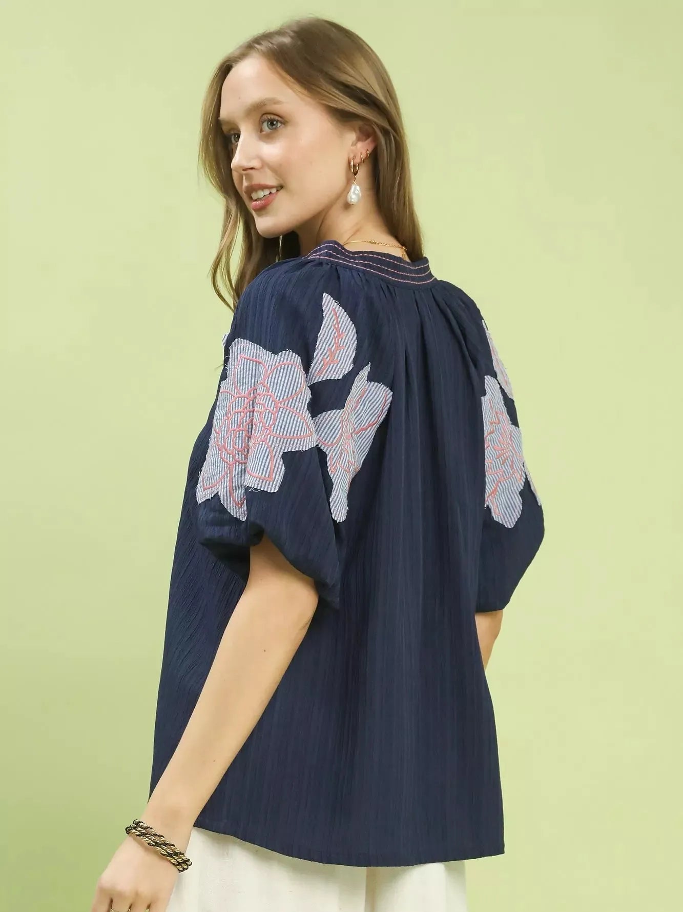 Umgee Evening Blossom Embroidered Blouse with Balloon Sleeves-Women's Shirts & Tops-Shop Z & Joxa