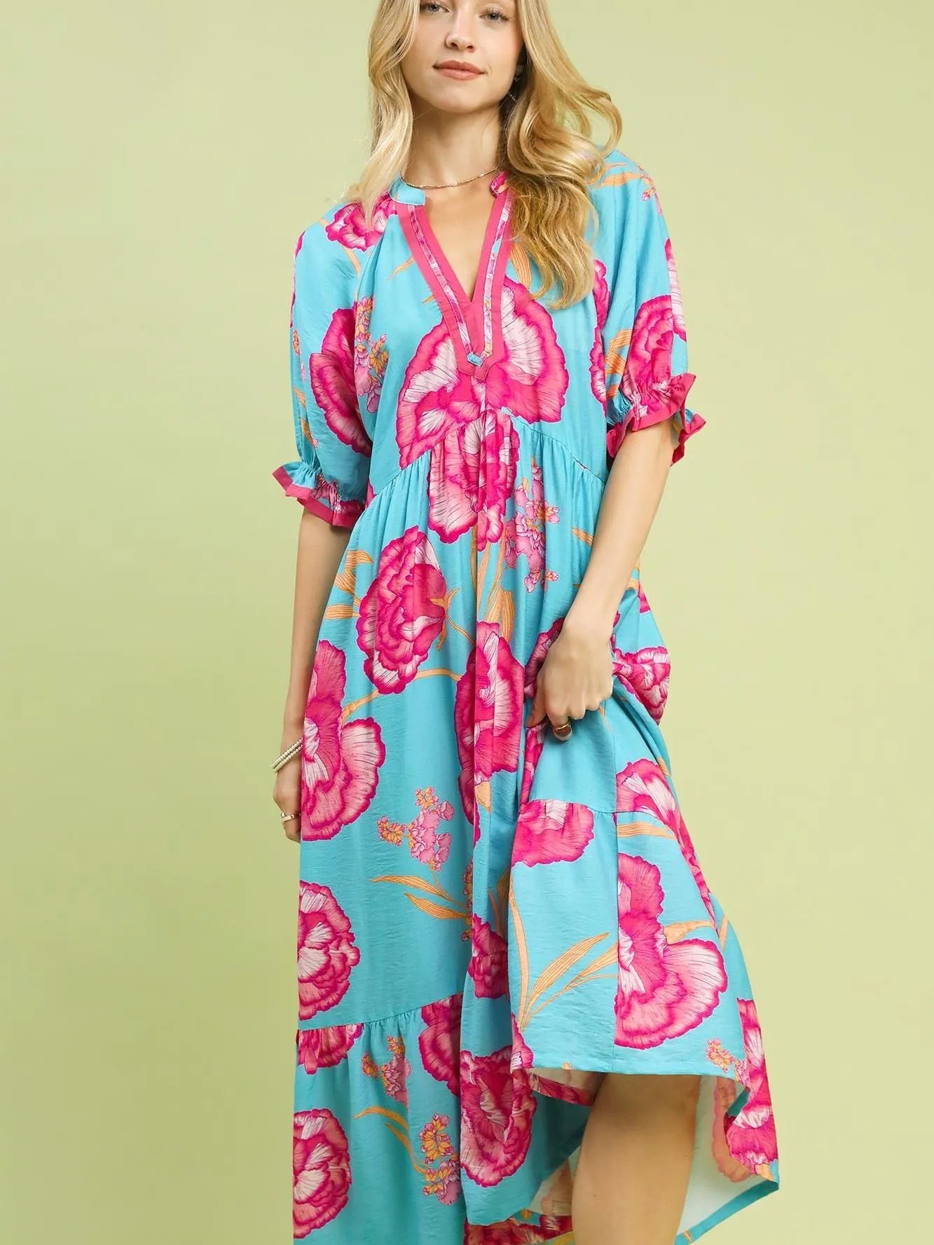 Umgee Floral Blue Romance Floral Midi Dress with Contrast Trim-Women's Dresses-Shop Z & Joxa