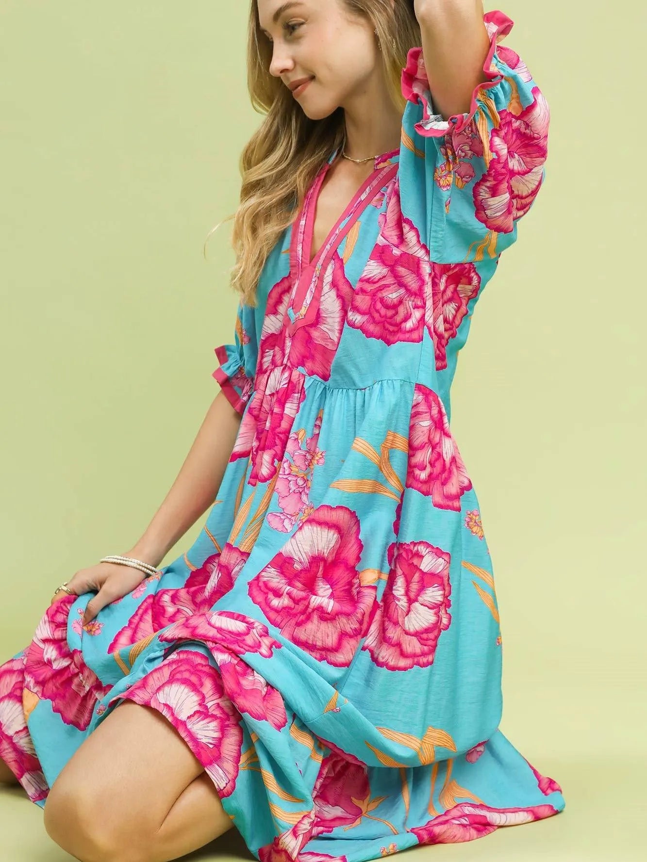 Umgee Floral Blue Romance Floral Midi Dress with Contrast Trim-Women's Dresses-Shop Z & Joxa