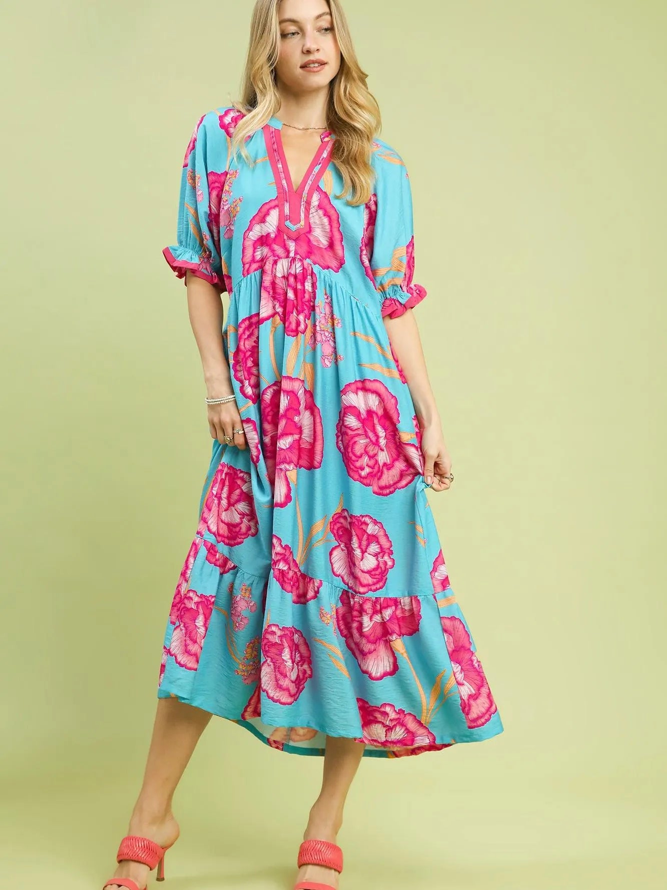 Umgee Floral Blue Romance Floral Midi Dress with Contrast Trim-Women's Dresses-Shop Z & Joxa