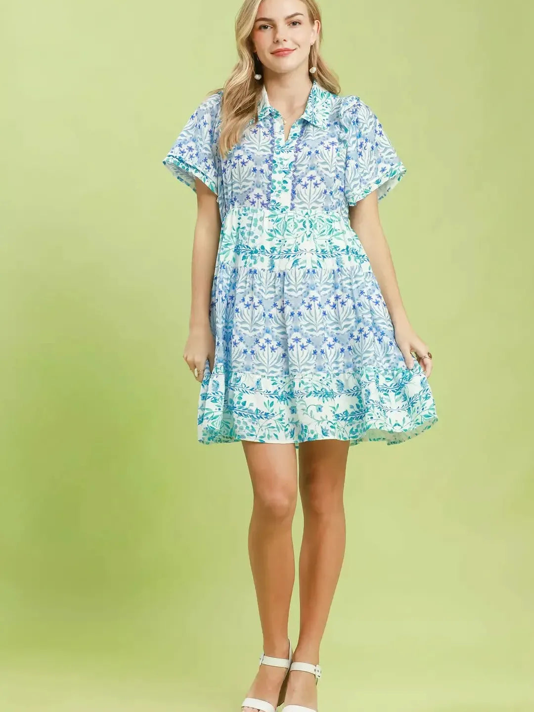 Umgee Floral Flirt Tiered Mini Dress with Flutter Sleeves-Women's Dresses-Shop Z & Joxa