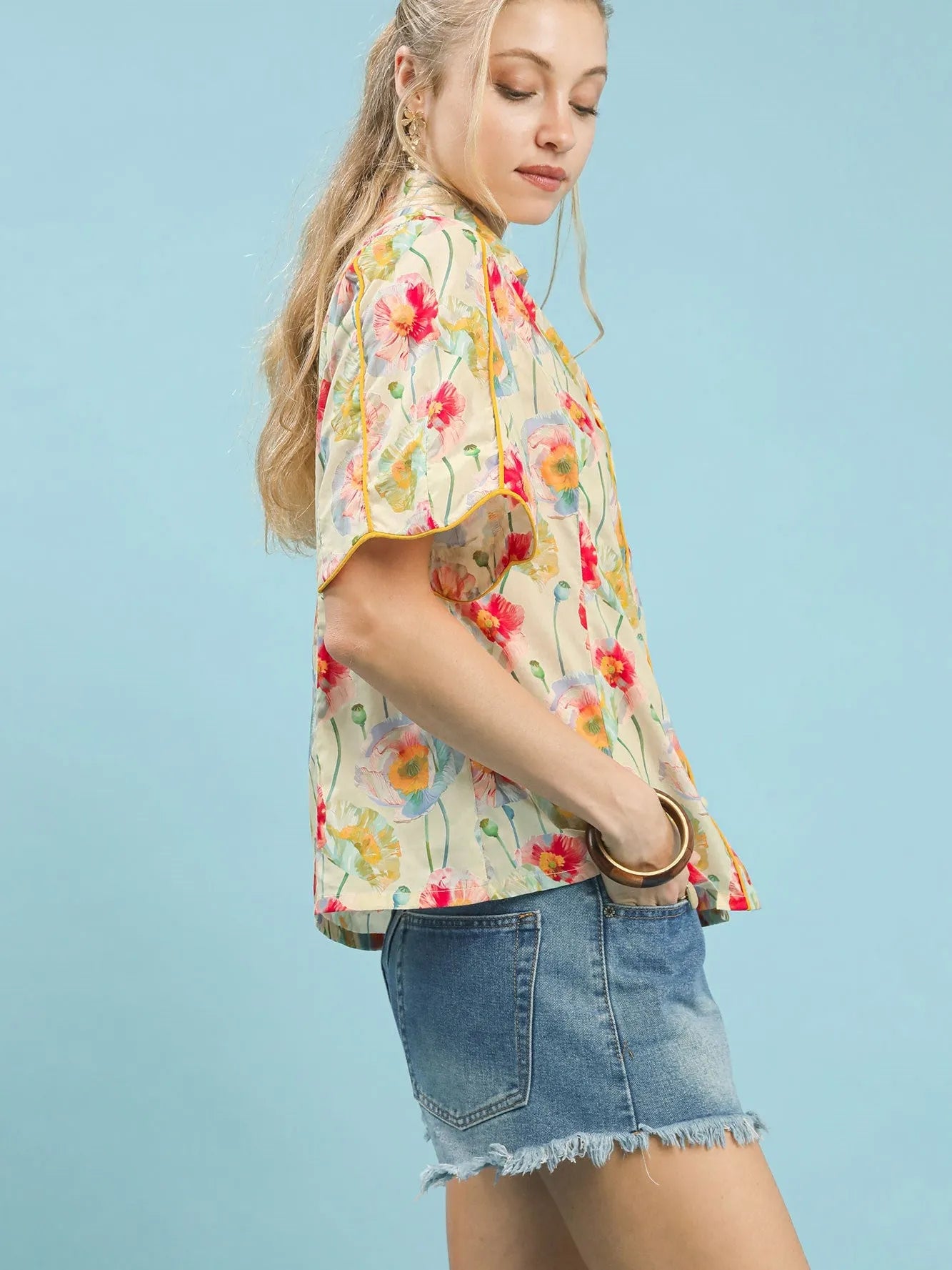 Umgee Floral Print Button-Down Blouse with Flutter Sleeves-Women's Shirts & Tops-Shop Z & Joxa