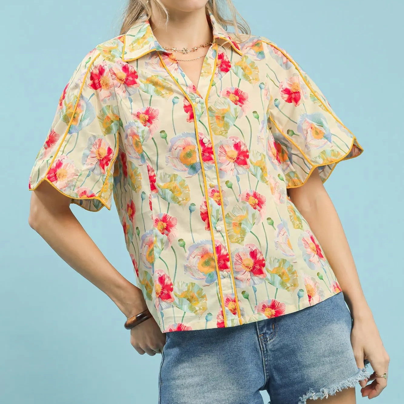 Umgee Floral Print Button-Down Blouse with Flutter Sleeves-Women's Shirts & Tops-Shop Z & Joxa