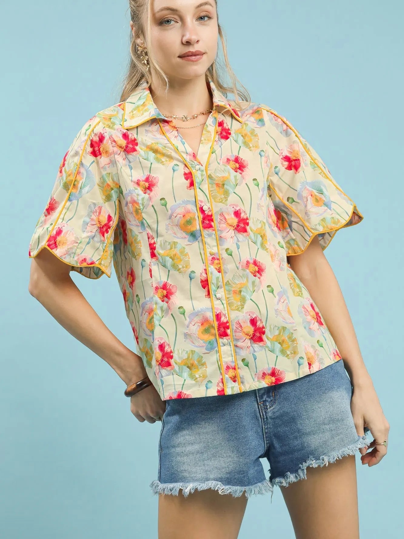 Umgee Floral Print Button-Down Blouse with Flutter Sleeves-Women's Shirts & Tops-Shop Z & Joxa