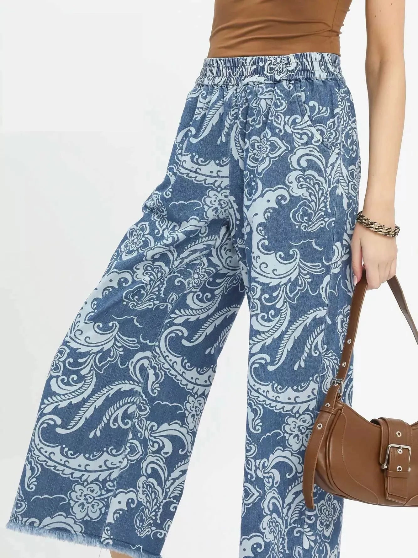 Umgee Free Spirit Stone Washed Floral Wide Leg Crop Pants-Women's Jeans-Shop Z & Joxa