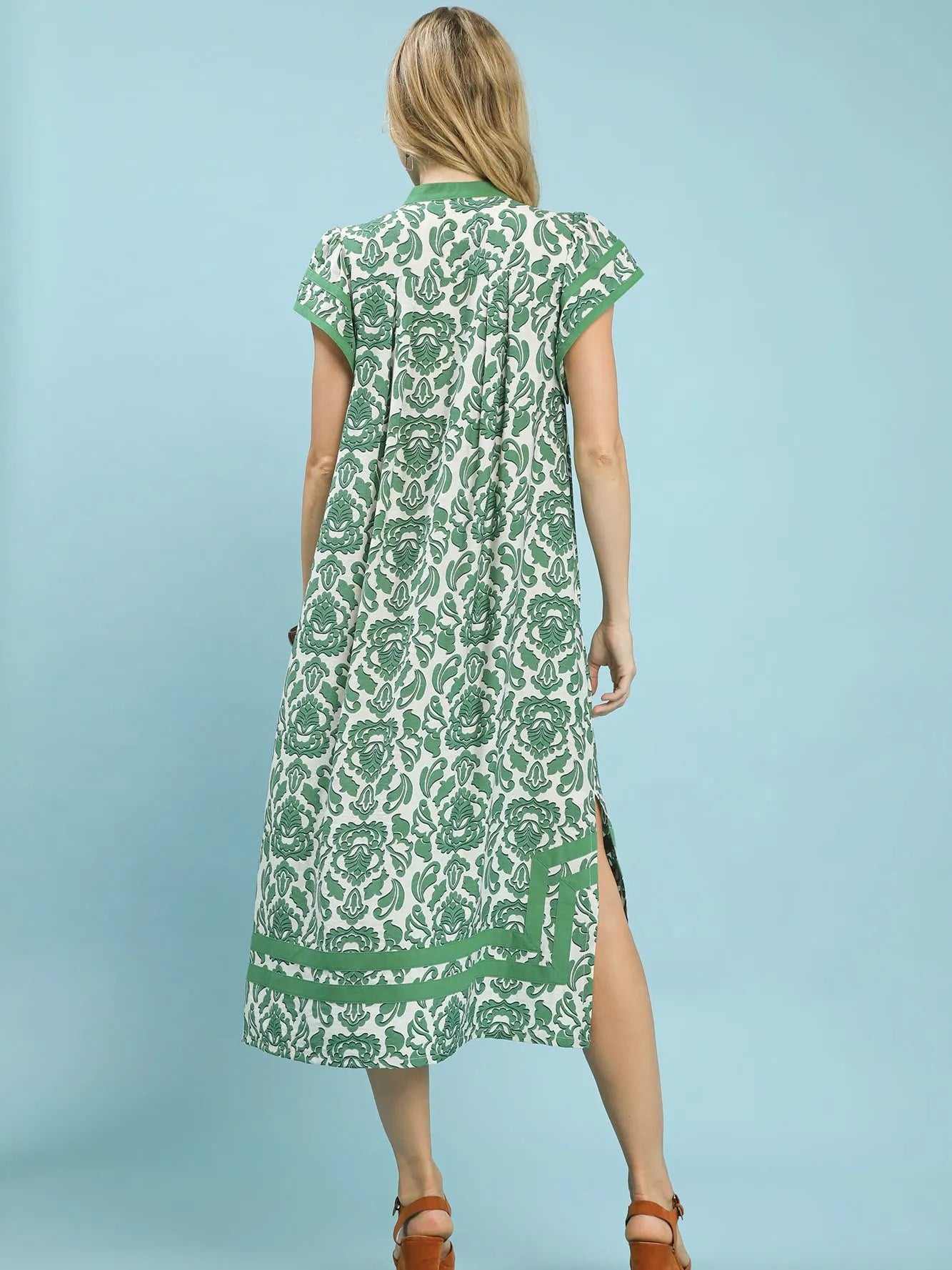 Umgee Green Mirage Abstract Two Tone Print Midi Dress-Women's Dresses-Shop Z & Joxa