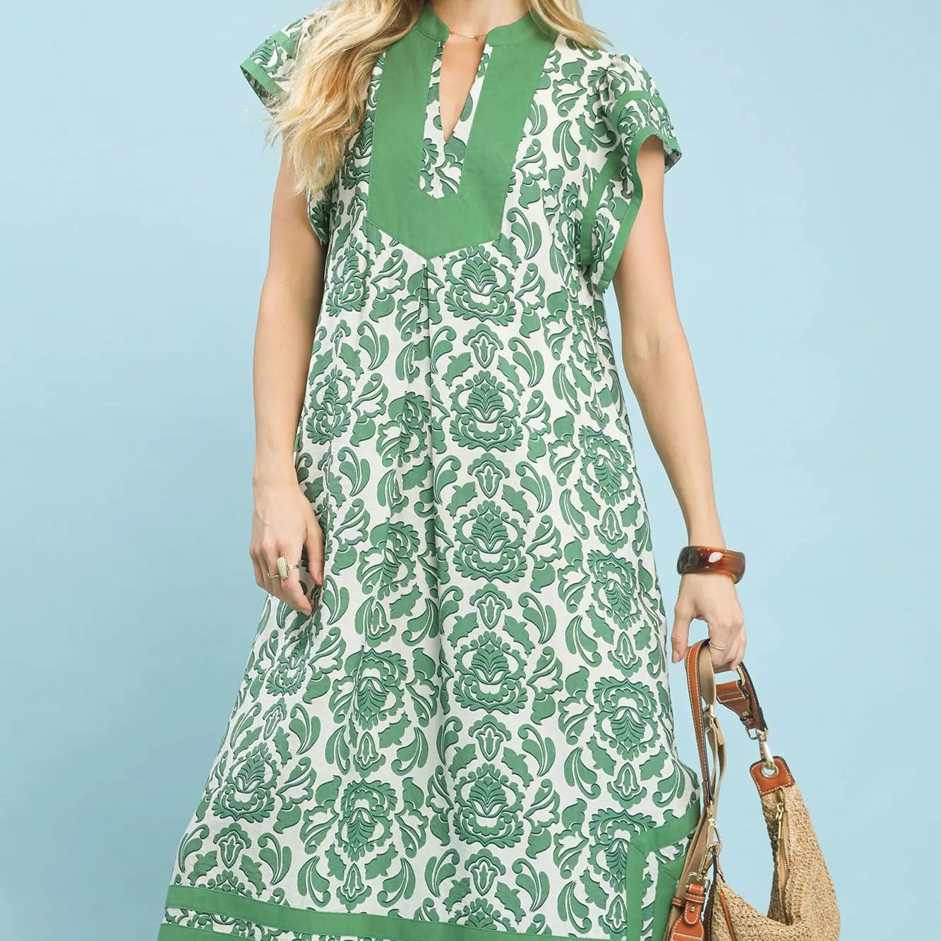 Umgee Green Mirage Abstract Two Tone Print Midi Dress-Women's Dresses-Shop Z & Joxa
