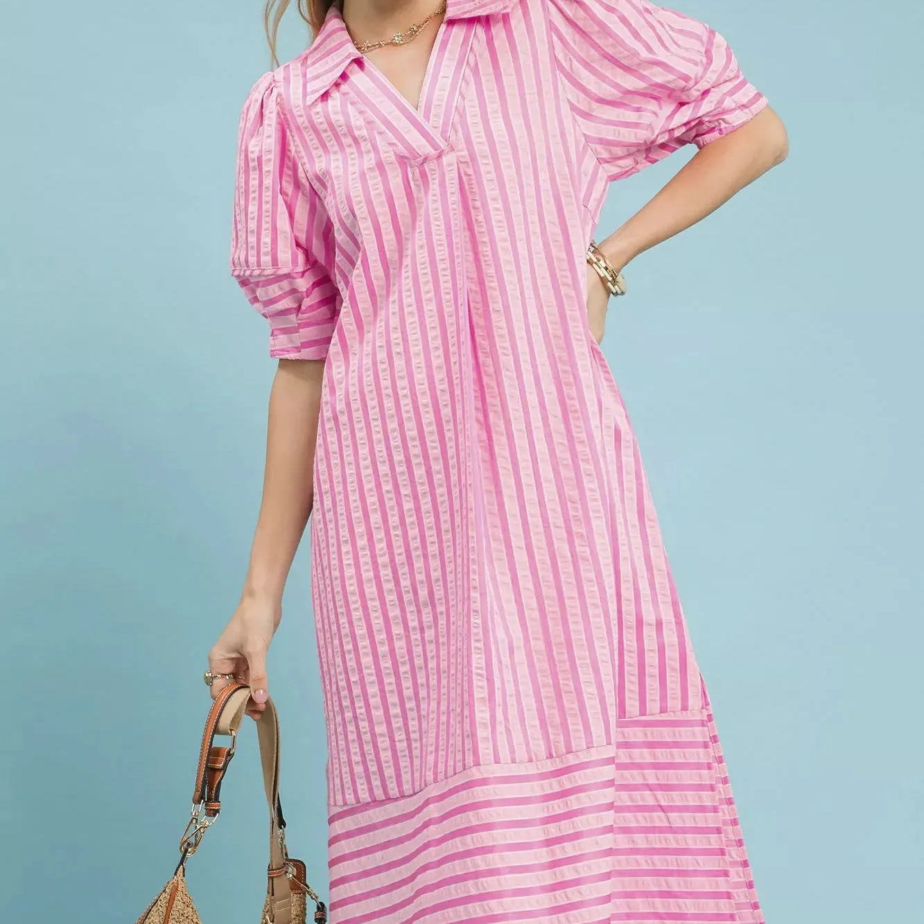 Umgee Harbour Breeze Pink Stripe Midi Dress with Puff Sleeves-Women's Dresses-Shop Z & Joxa
