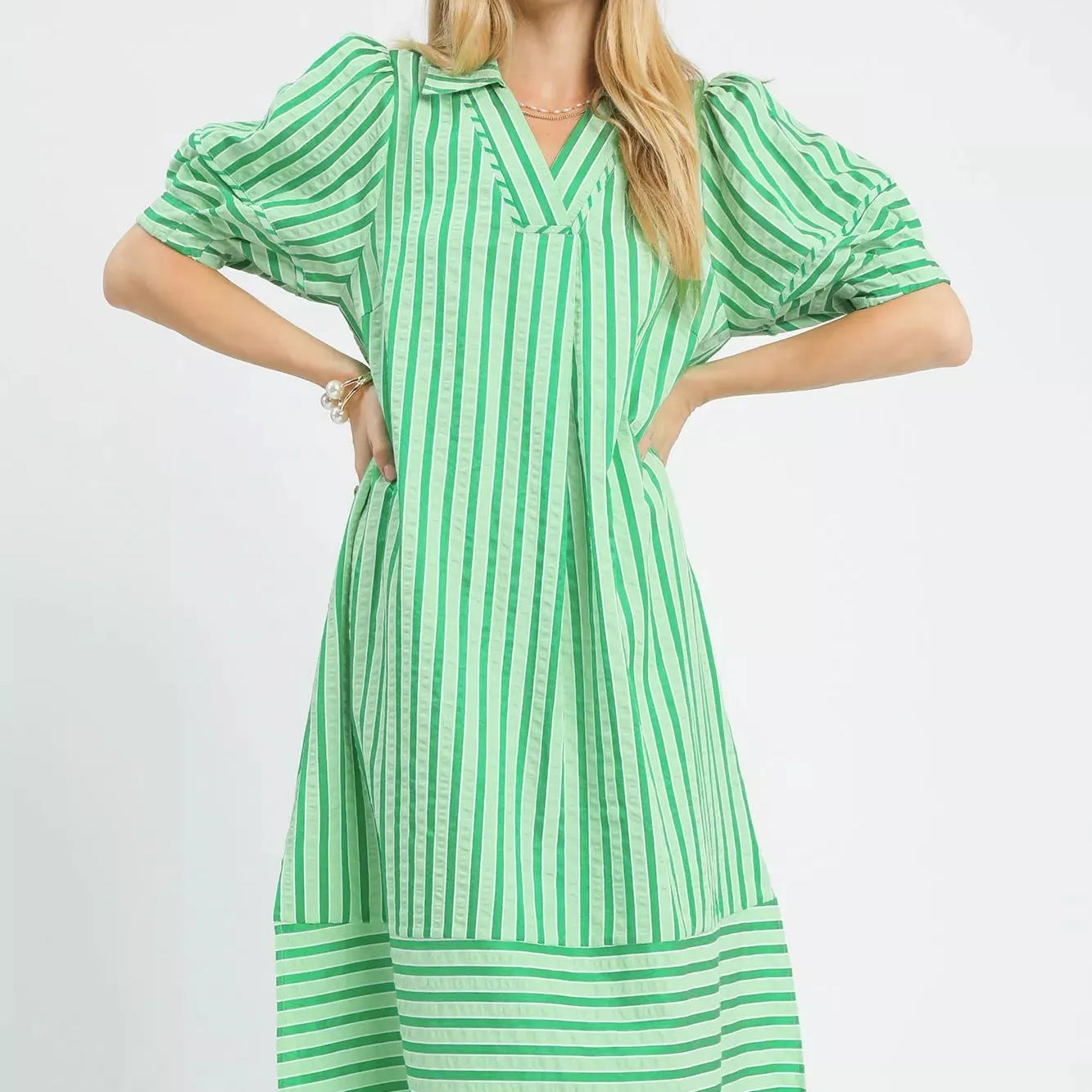 Umgee Harbour Breeze Striped Midi Dress with Puff Sleeves-Women's Dresses-Shop Z & Joxa
