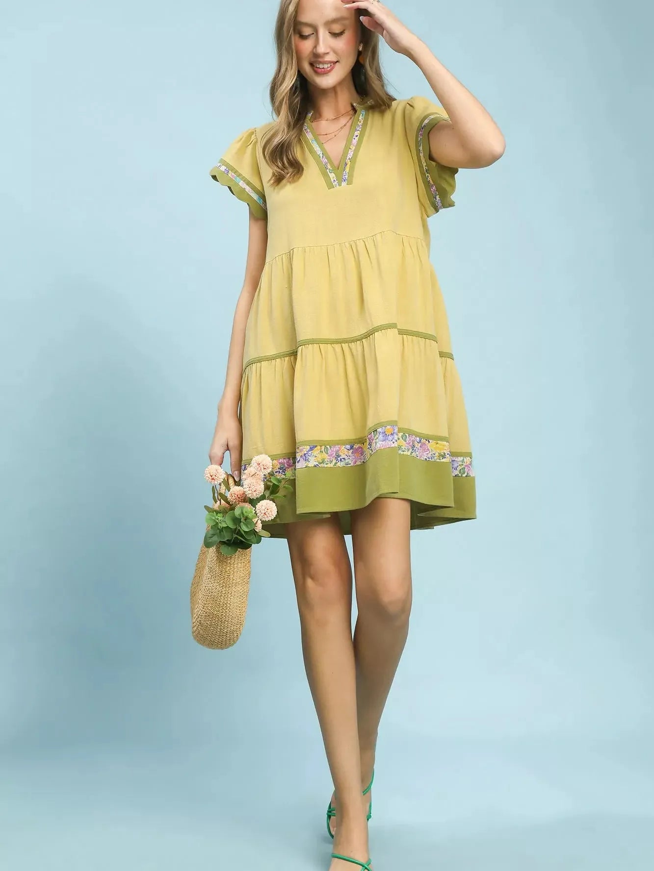 Umgee Honey Blossom Tiered Flutter Sleeve Dress with Floral-Women's Dresses-Shop Z & Joxa