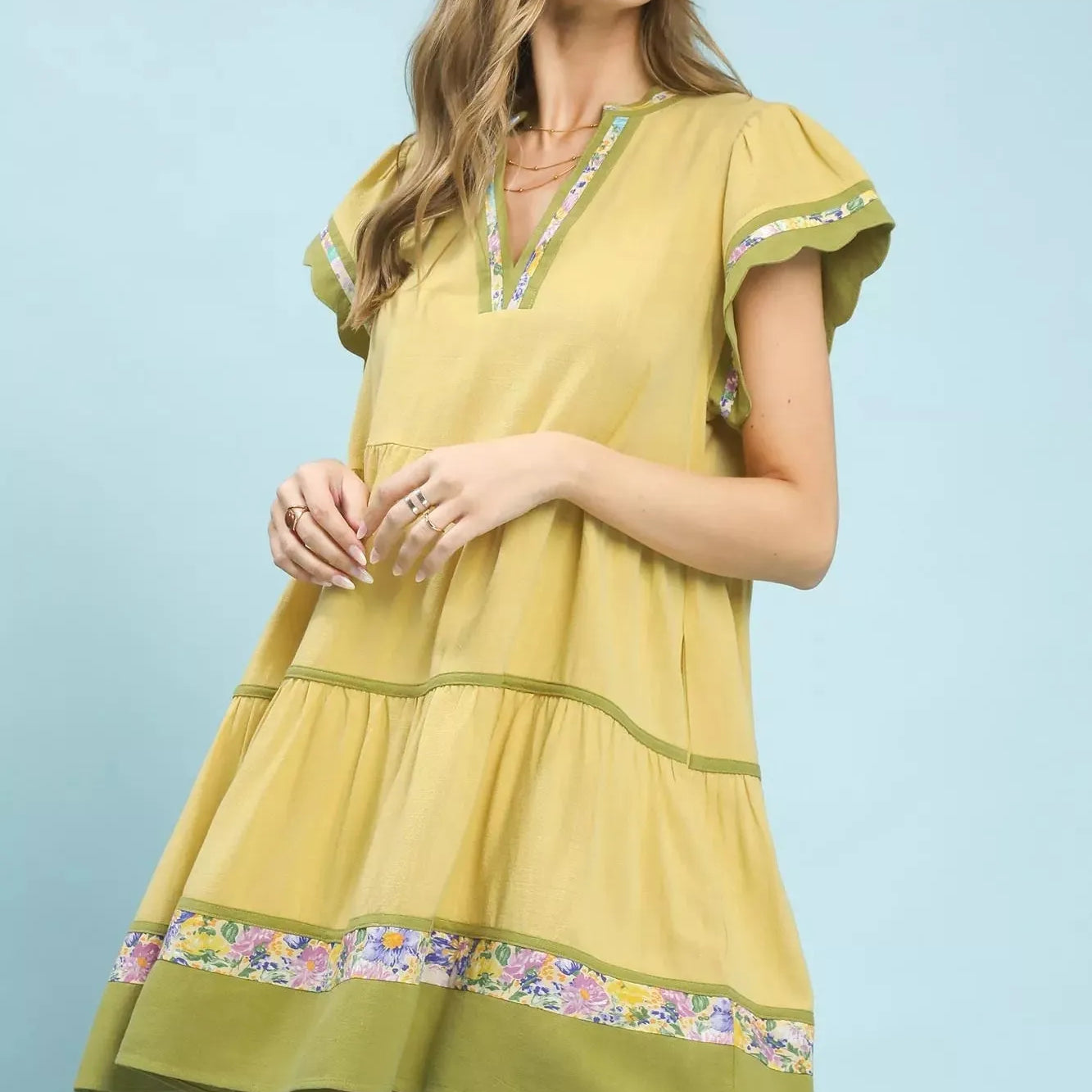 Umgee Honey Blossom Tiered Flutter Sleeve Dress with Floral-Women's Dresses-Shop Z & Joxa