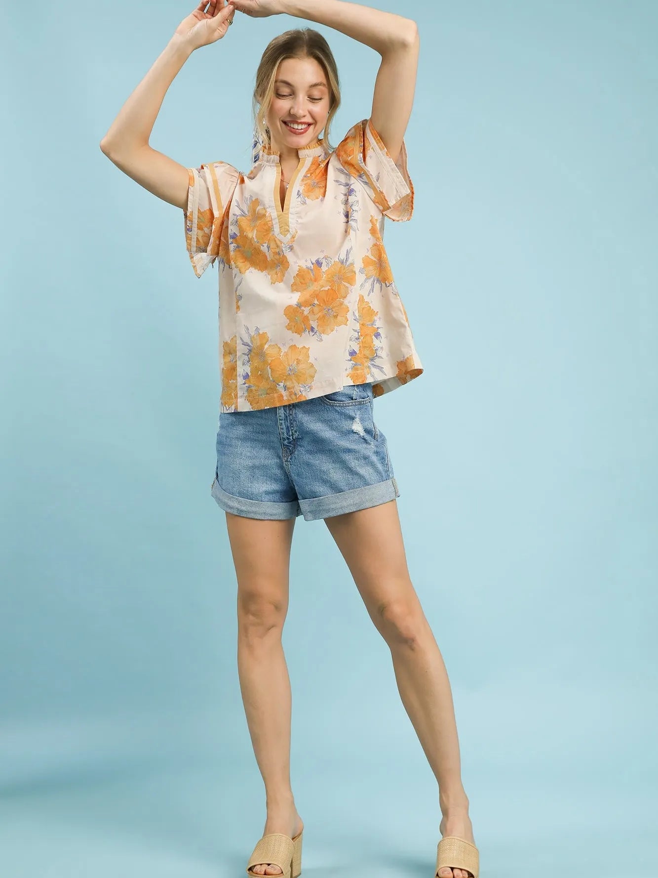 Umgee Honey Flutter Floral Print Ruffle Sleeve Blouse-Women's Shirts & Tops-Shop Z & Joxa