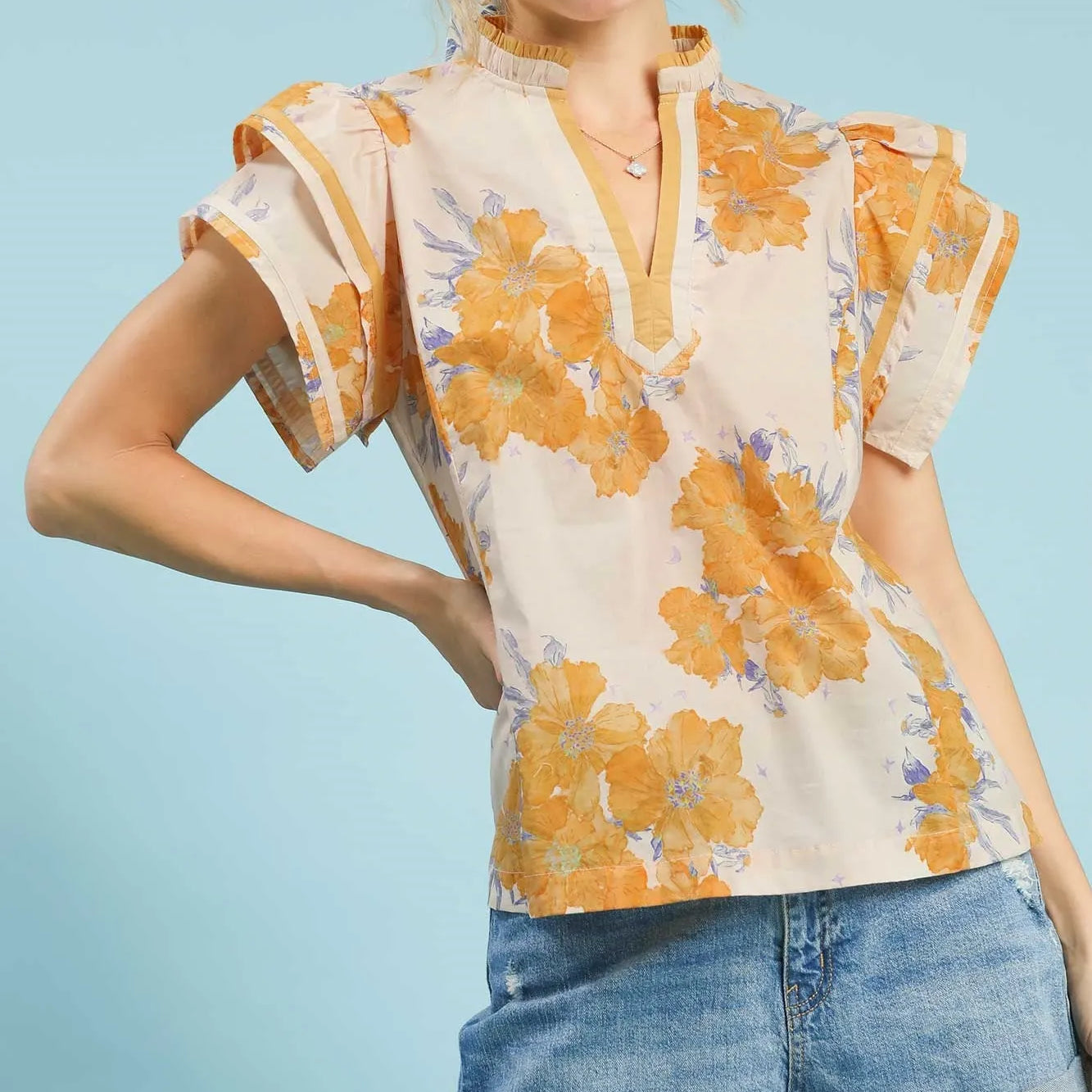 Umgee Honey Flutter Floral Print Ruffle Sleeve Blouse-Women's Shirts & Tops-Shop Z & Joxa
