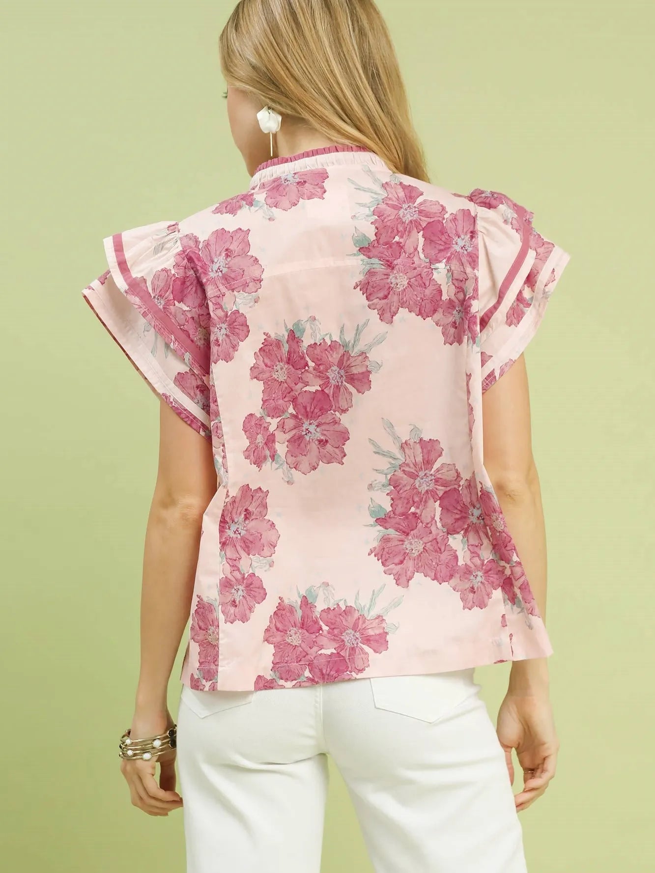 Umgee Honey Flutter Floral Print Ruffle Sleeve Blouse in Pink-Women's Shirts & Tops-Shop Z & Joxa