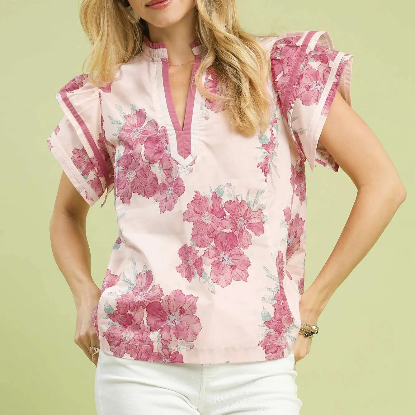 Umgee Honey Flutter Floral Print Ruffle Sleeve Blouse in Pink-Women's Shirts & Tops-Shop Z & Joxa