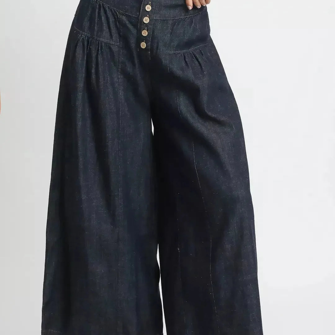 Umgee Indigo Breeze Stone Washed Wide-Leg Button-Front Culottes-Women's Pants-Shop Z & Joxa