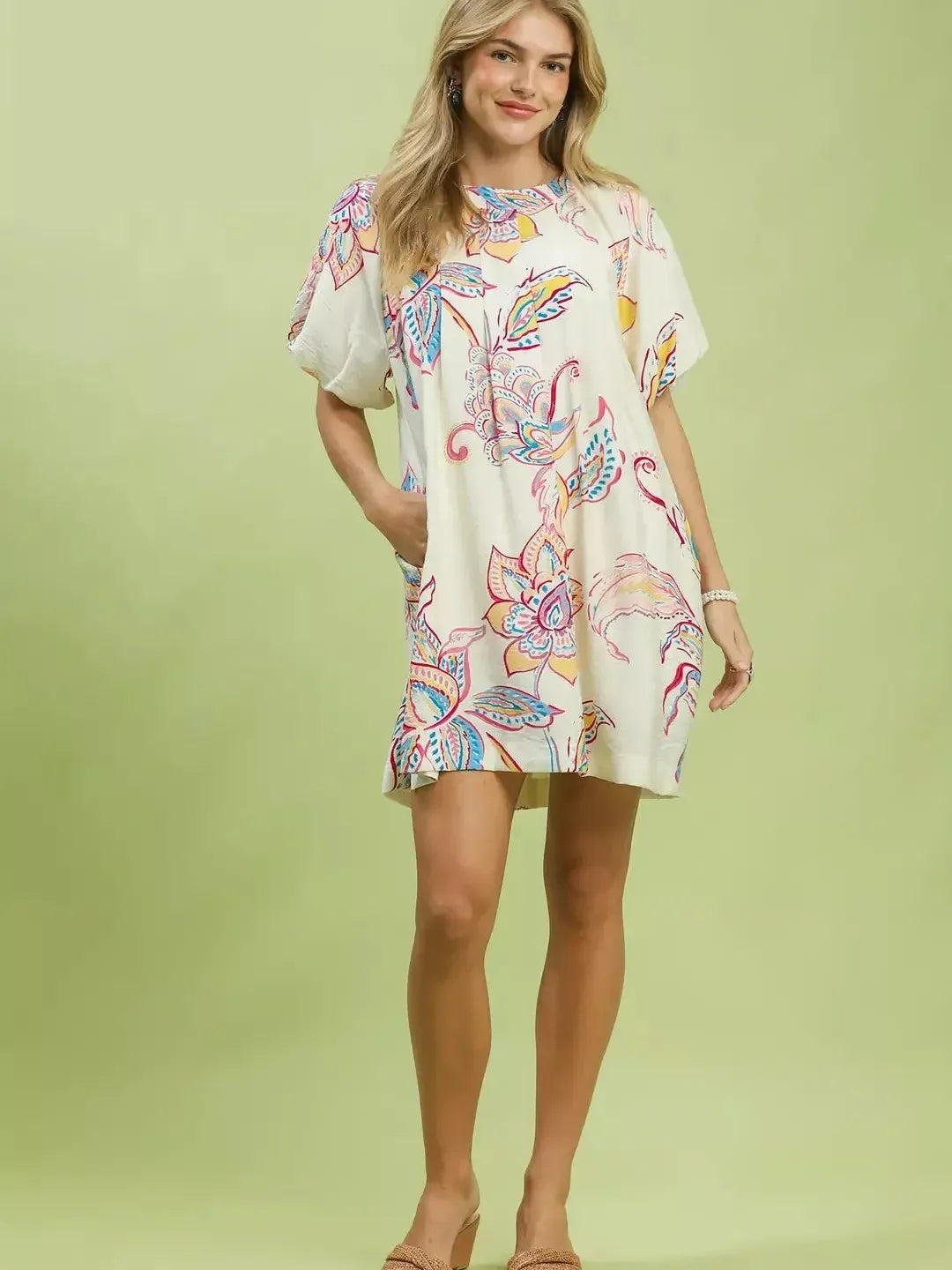 Umgee Ivory Prairie Bloom Boho Floral Print Mini Dress-Women's Dresses-Shop Z & Joxa