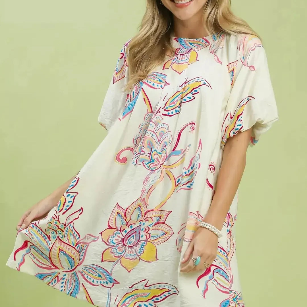 Umgee Ivory Prairie Bloom Boho Floral Print Mini Dress-Women's Dresses-Shop Z & Joxa