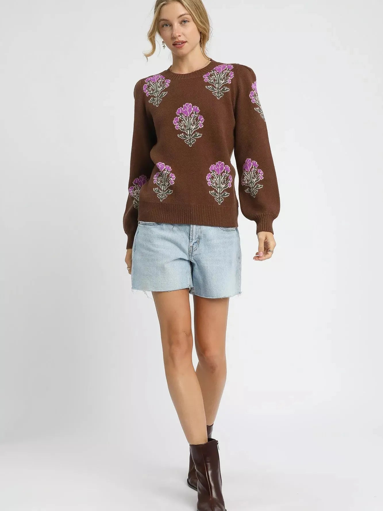 Umgee Jacquard Bloom Single Flower Long Sleeve Sweater-Women's Shirts & Tops-Shop Z & Joxa