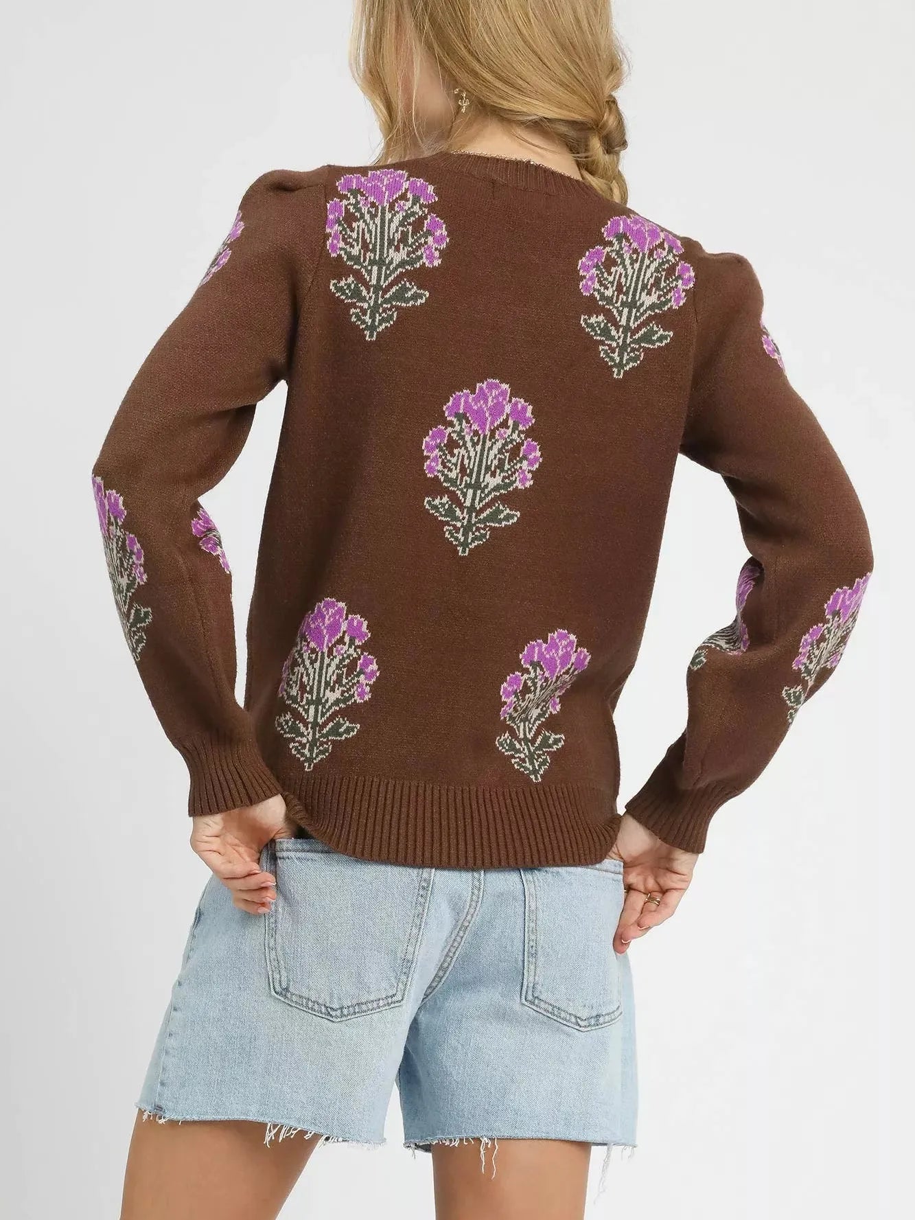 Umgee Jacquard Bloom Single Flower Long Sleeve Sweater-Women's Shirts & Tops-Shop Z & Joxa