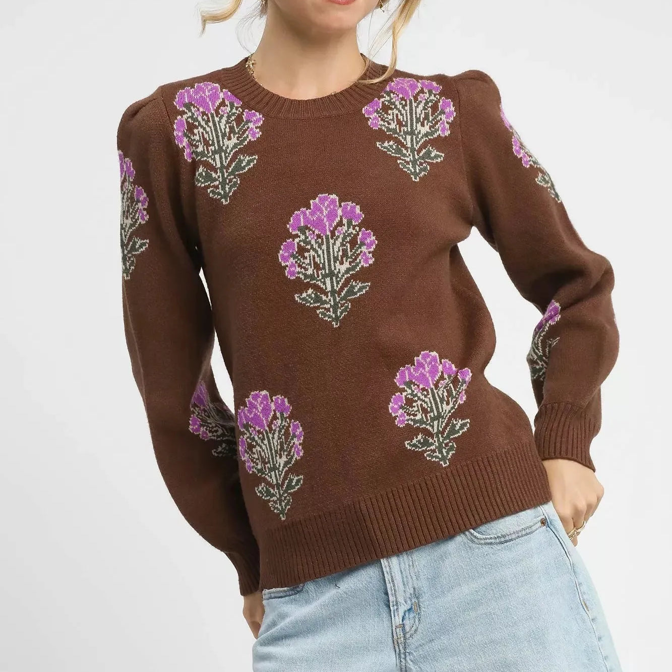 Umgee Jacquard Bloom Single Flower Long Sleeve Sweater-Women's Shirts & Tops-Shop Z & Joxa