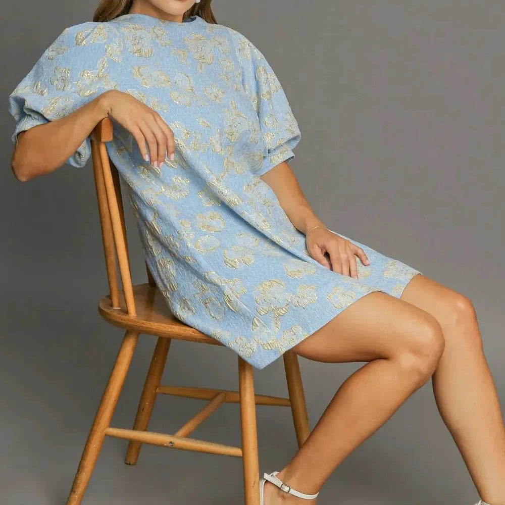 Umgee Jacquard Jewel Floral Puff Sleeve Mini Dress-Women's Dresses-Shop Z & Joxa