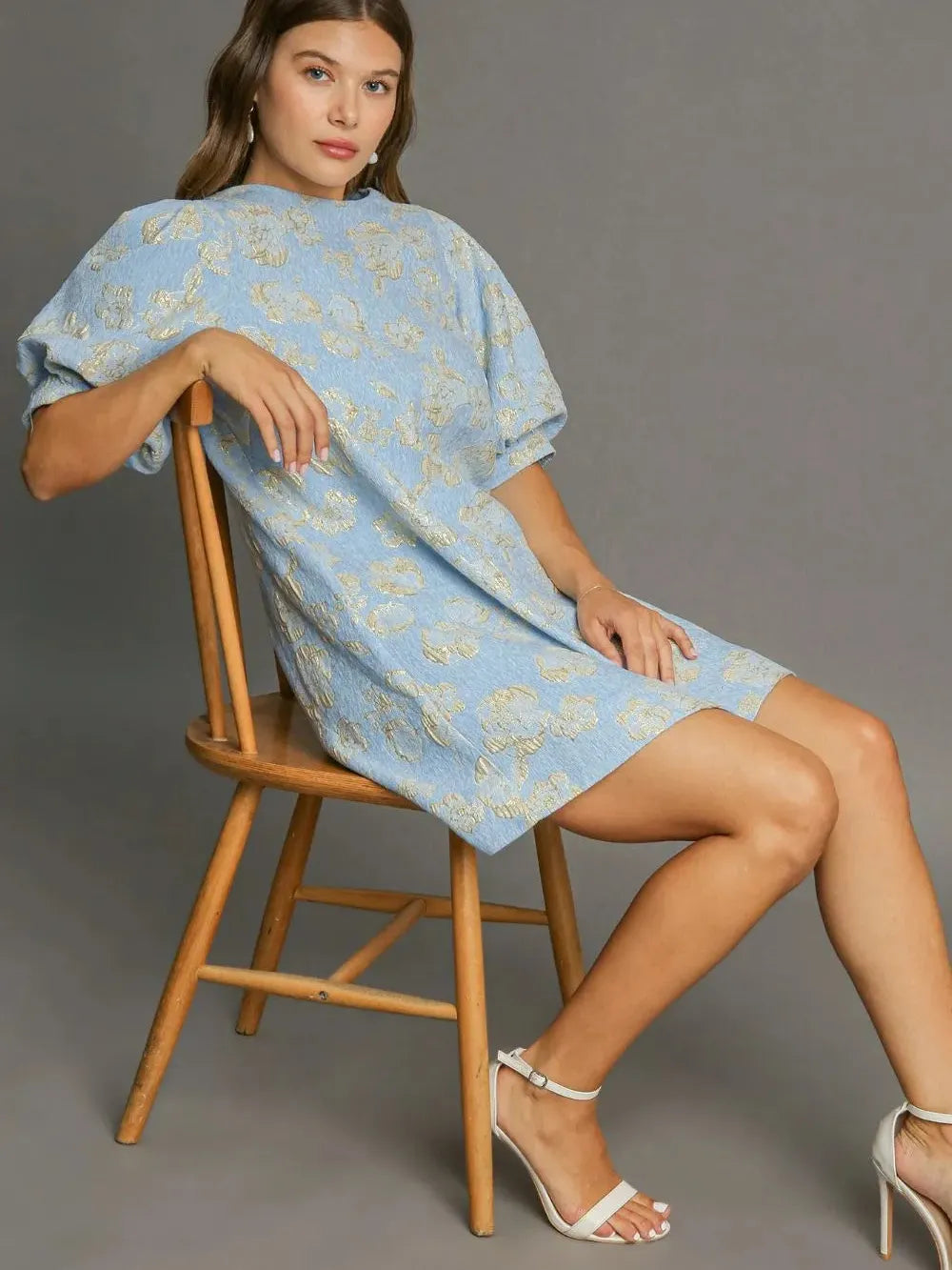 Umgee Jacquard Jewel Floral Puff Sleeve Mini Dress-Women's Dresses-Shop Z & Joxa