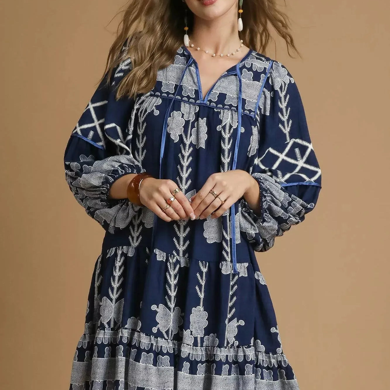 Umgee KnotQuest Tribal Print Mini Dress with Tie Neck-Women's Dresses-Shop Z & Joxa
