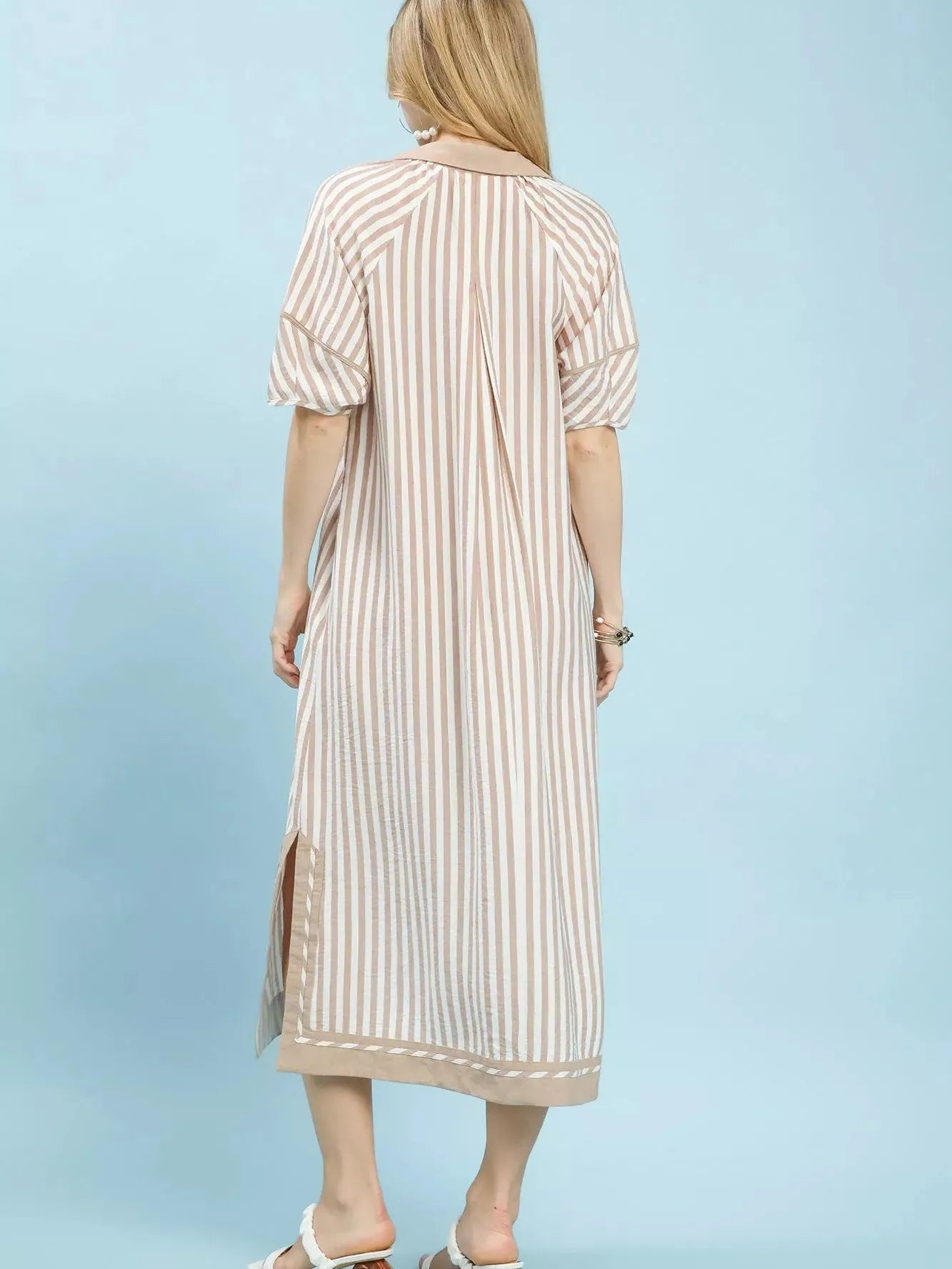 Umgee Latte Breeze Coastal Stripe Midi Dress with Side Slit-Women's Dresses-Shop Z & Joxa