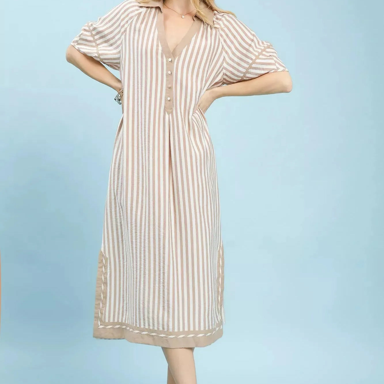 Umgee Latte Breeze Coastal Stripe Midi Dress with Side Slit-Women's Dresses-Shop Z & Joxa
