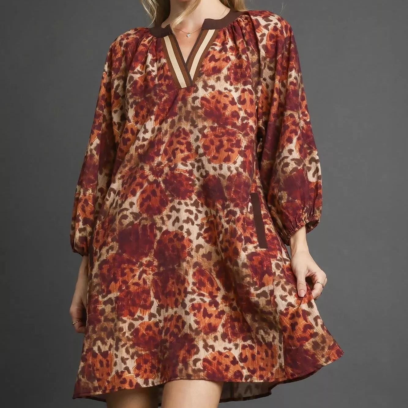 Umgee Latte Leap Animal Print Boho Tunic Contrast Trim Dress-Women's Dresses-Shop Z & Joxa