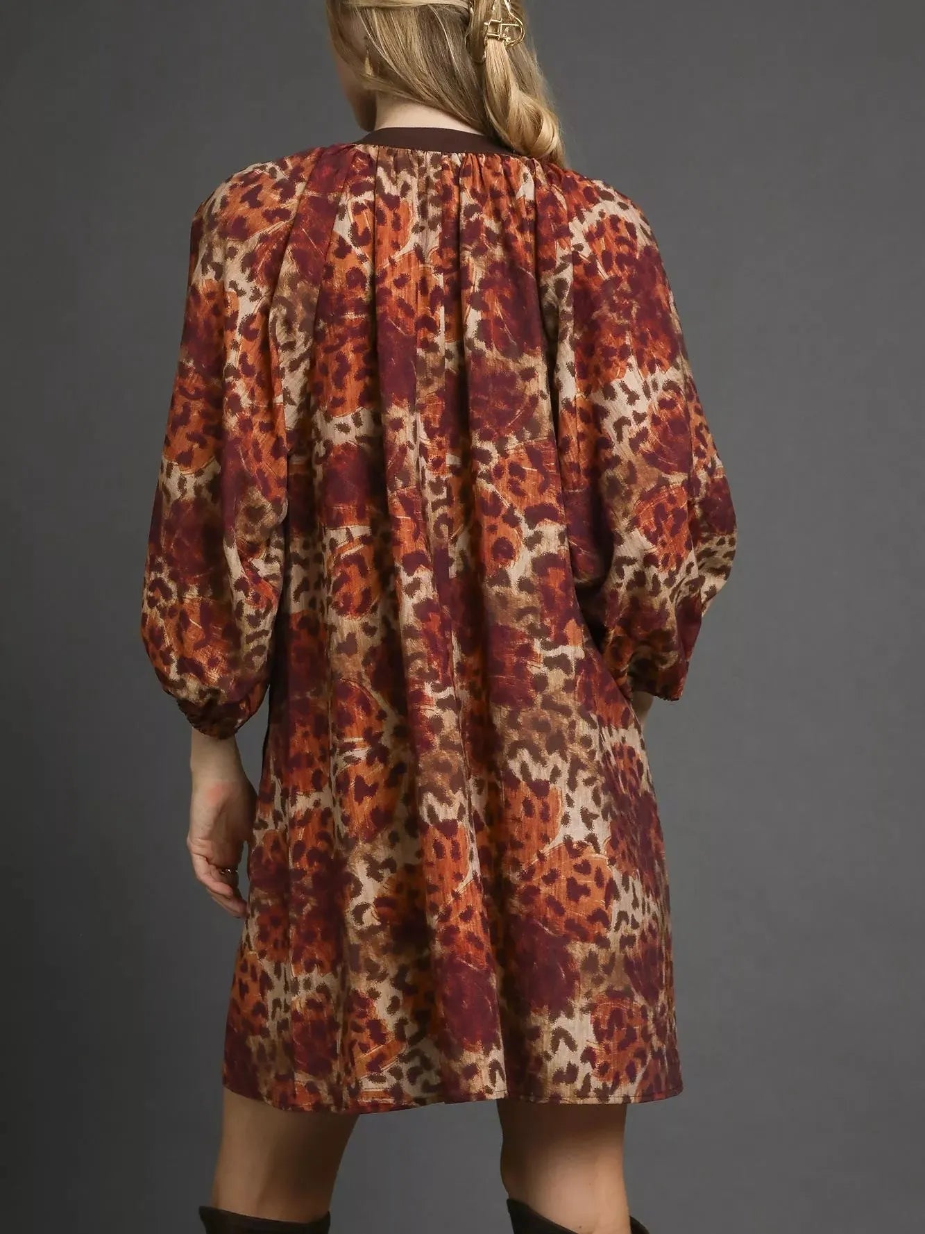 Umgee Latte Leap Animal Print Boho Tunic Contrast Trim Dress-Women's Dresses-Shop Z & Joxa