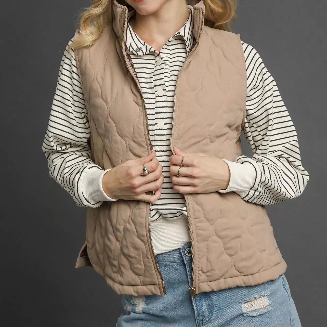 Umgee Latte Luxe Quilted Zip-Up Vest-Women's Shirts & Tops-Shop Z & Joxa