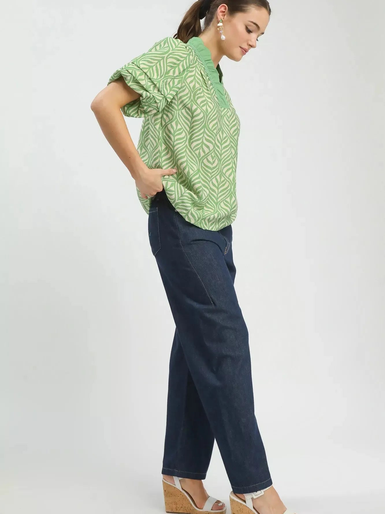 Umgee Leafy Luxe Puff Sleeve Printed Top with Ruffle Neck-Women's Shirts & Tops-Shop Z & Joxa