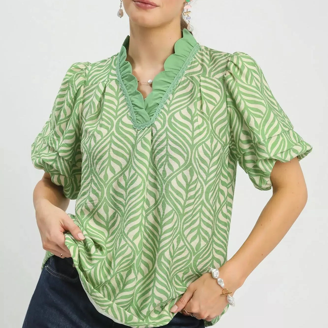 Umgee Leafy Luxe Puff Sleeve Printed Top with Ruffle Neck-Women's Shirts & Tops-Shop Z & Joxa