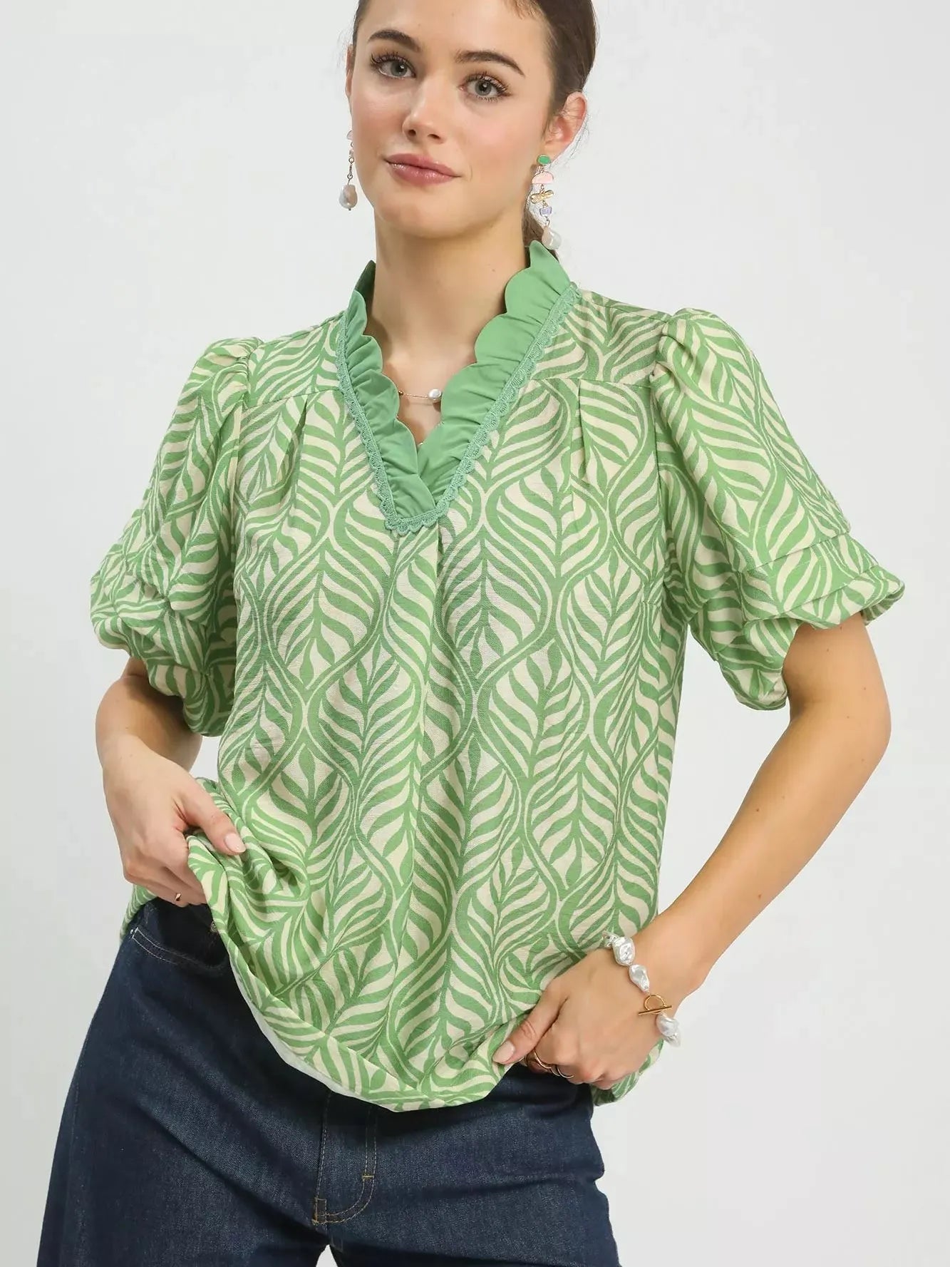 Umgee Leafy Luxe Puff Sleeve Printed Top with Ruffle Neck-Women's Shirts & Tops-Shop Z & Joxa