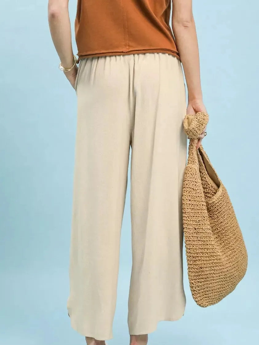 Umgee Linen Embroidered Wide-Leg Boho Pants in Cream-Women's Pants-Shop Z & Joxa