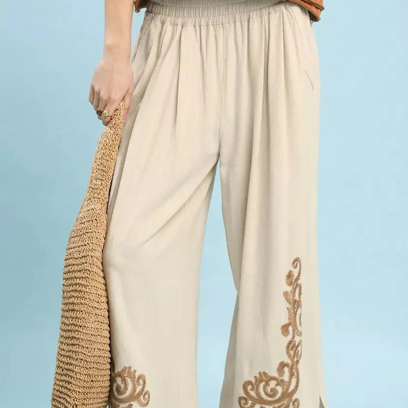 Umgee Linen Embroidered Wide-Leg Boho Pants in Cream-Women's Pants-Shop Z & Joxa