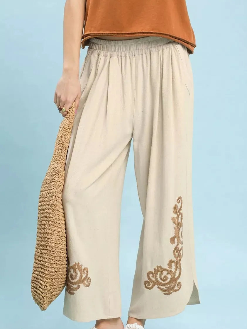 Umgee Linen Embroidered Wide-Leg Boho Pants in Cream-Women's Pants-Shop Z & Joxa