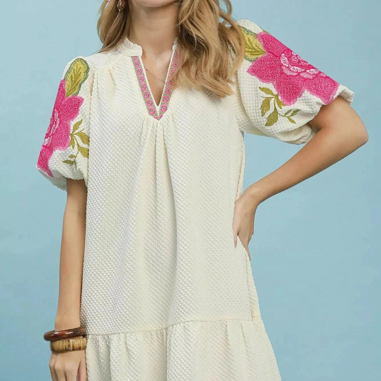 Umgee Magnolia Manor Jacquard Dress with Floral Sleeves-Women's Dresses-Shop Z & Joxa