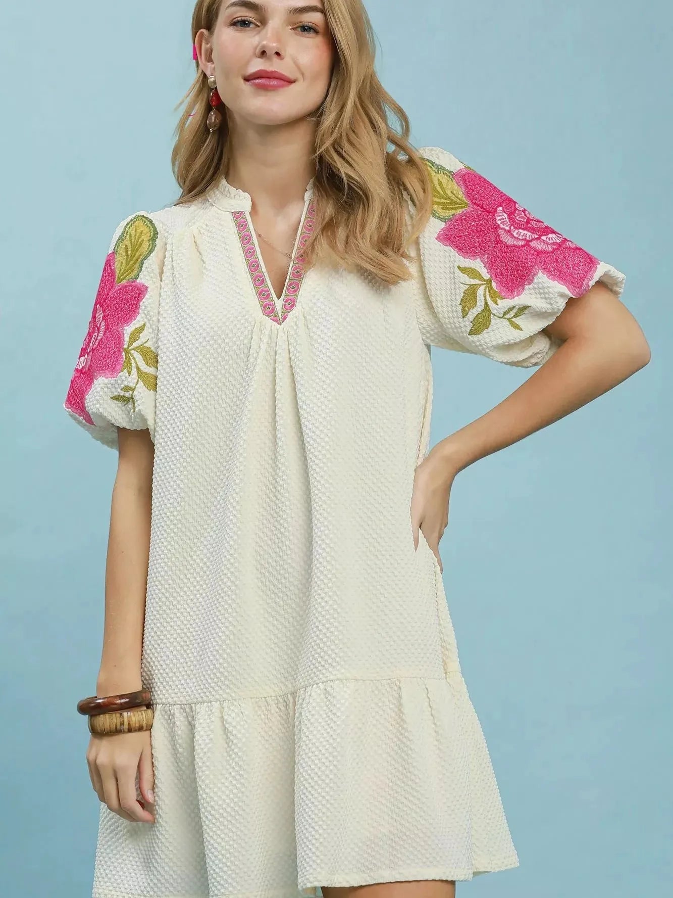 Umgee Magnolia Manor Jacquard Dress with Floral Sleeves-Women's Dresses-Shop Z & Joxa
