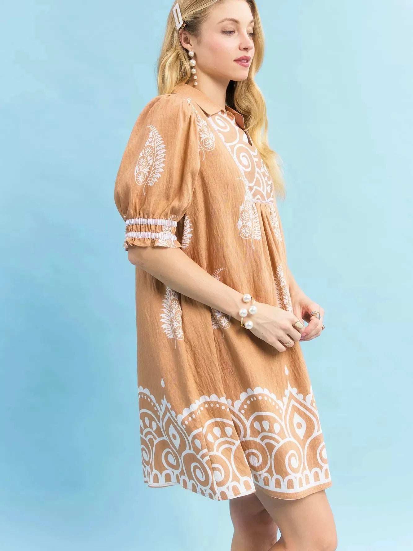 Umgee Mandala Me Pretty Paisley Print Babydoll Dress In Latte-Women's Dresses-Shop Z & Joxa