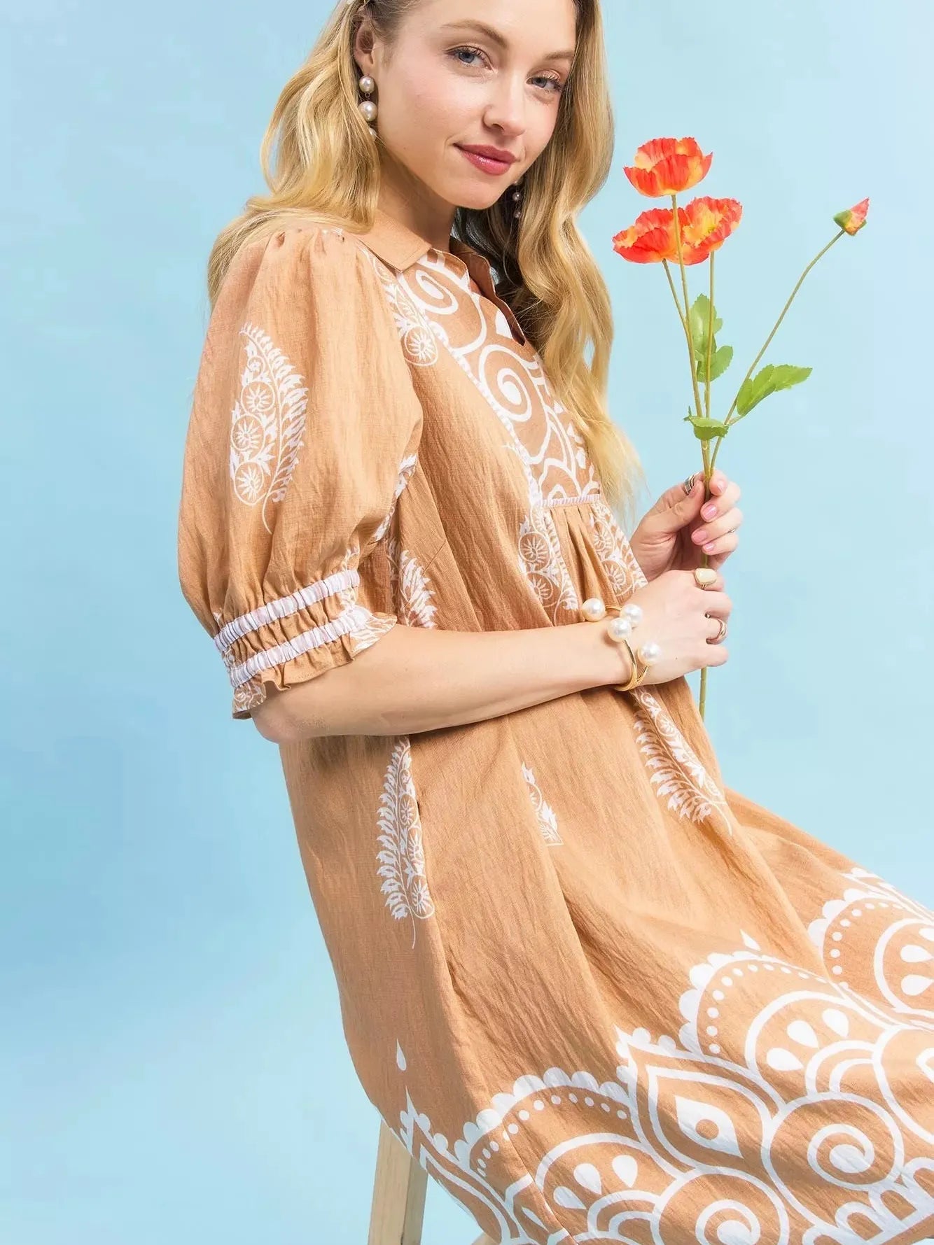 Umgee Mandala Me Pretty Paisley Print Babydoll Dress In Latte-Women's Dresses-Shop Z & Joxa