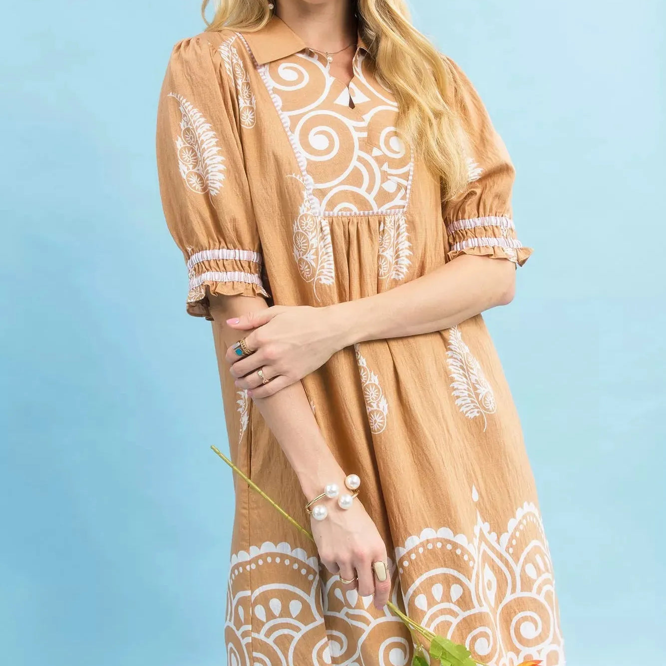 Umgee Mandala Me Pretty Paisley Print Babydoll Dress In Latte-Women's Dresses-Shop Z & Joxa